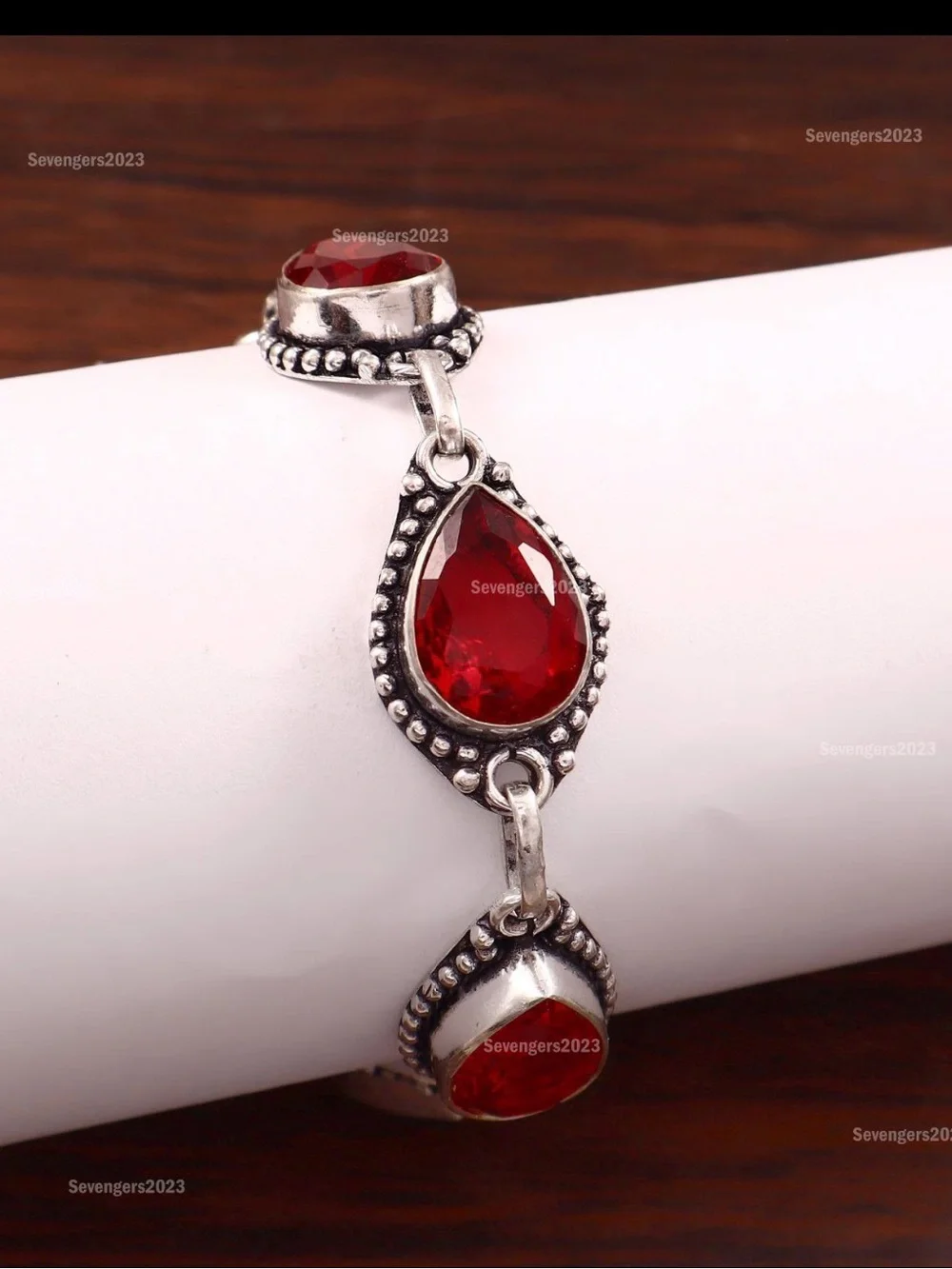 Red Teardrop Gemstone Bracelet in Silver-Tone